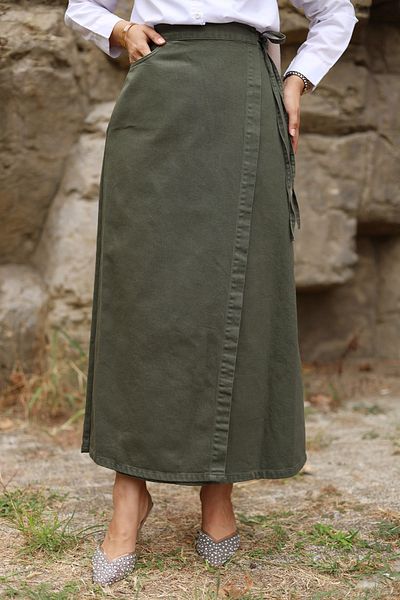 Tesettür Dünyası Khaki Colored Side Tie Denim Skirt - Tsd 240615