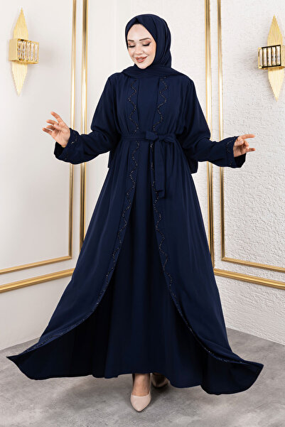 Tesettür Dünyası Темно-синій комплект абайя з спідницею TSD250121