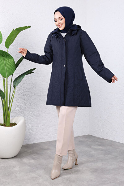 Tesettür Dünyası Navy Blue Quilted Coat - Velbua Covered, Hooded Tsd 240934