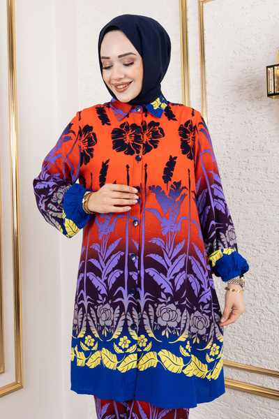 Tesettür Dünyası Orange Viscose Suit - Colorful Floral Pattern Tsd 250111