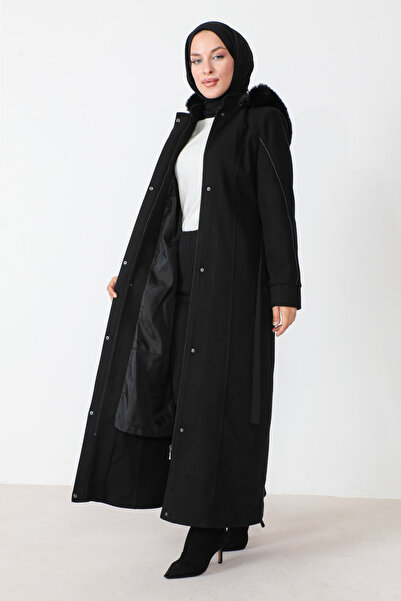 Tesettür Dünyası Detailní kožený kašmírový kabát po celé délce TSD230811 černý