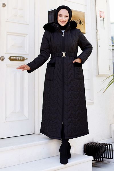 Tesettür Dünyası Black Quilted Coat - Fur Detailed Pocket and Hooded Tsd 240807