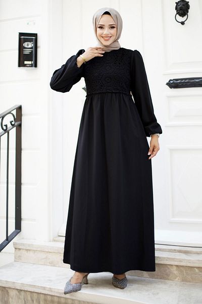 Tesettür Dünyası Μαύρο Φόρεμα Hijab - Λεπτομέρεια δαντέλας, TSD 240519