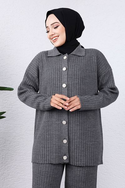 Tesettür Dünyası Anthracite Front Buttoned Knitwear Set - Tsd 240936