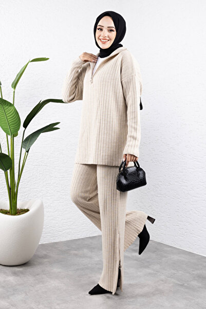 Tesettür Dünyası Beige Color Zippered Knitwear Set - Tsd 240950