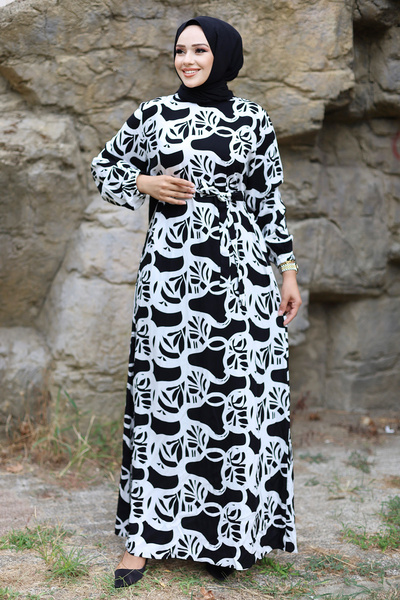 Tesettür Dünyası Μακρύ μοτίβο με μπλοκ με ζώνη μέσης από βισκόζη TSD240922 Λευκό