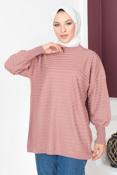 Tesettür Dünyası Thin Zigzag Patterned Knitwear Tunic TSD230719 Dusty Rose