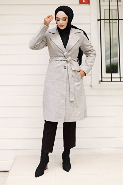 Tesettür Dünyası Gray Double Buttoned and Waist Belted Coat - Tsd 240928