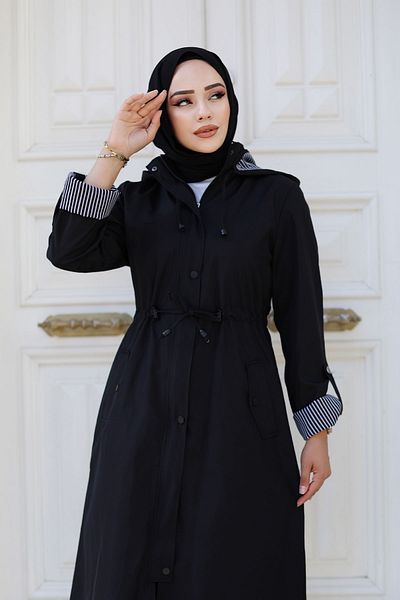 Tesettür Dünyası Black Striped Trench Coat - Front Snap Lining Tsd 240926