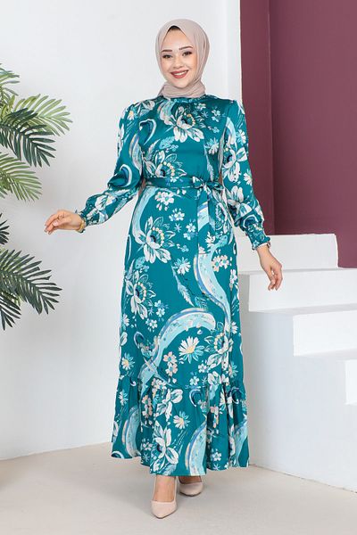 Tesettür Dünyası Gipe-Detailkleid mit Ärmelspitze Tsd230605 Smaragdgrün