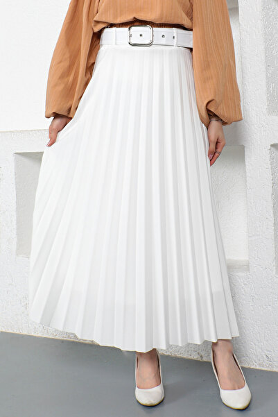 Tesettür Dünyası Belted Pleated Skirt Tsd220915 White