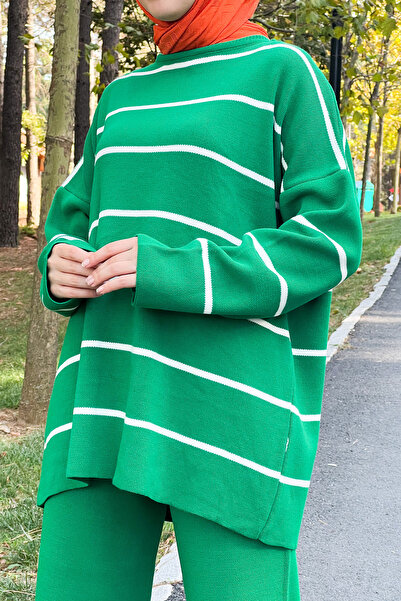 Tesettür Dünyası Striped Knitwear Suit Tsd220905 Green