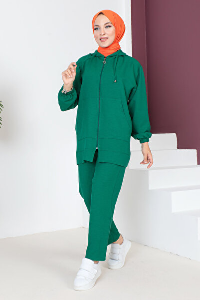 Tesettür Dünyası Hooded Double Suit TSD230703 Emerald Green