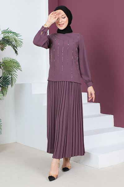 Tesettür Dünyası Κοστούμι με πέτρινη λεπτομέρεια Tsd230525 Dusty Rose