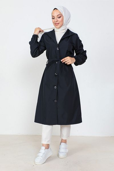 Tesettür Dünyası Tie Waist Trench Coat TSD230808 Navy Blue