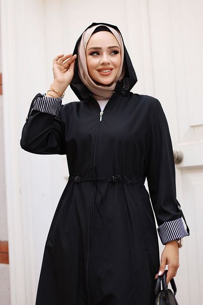 Tesettür Dünyası Black Striped Zippered Trench Coat - Tsd 240923