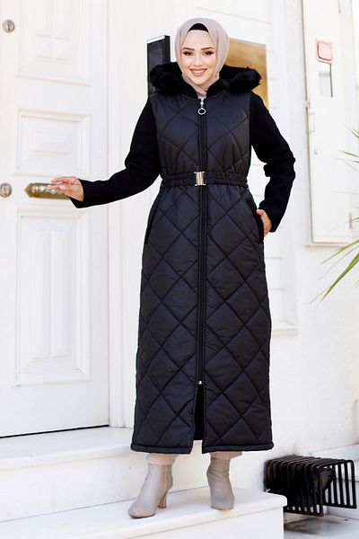 Tesettür Dünyası Black Quilted Coat - Stamp Detailed, Tsd 240808