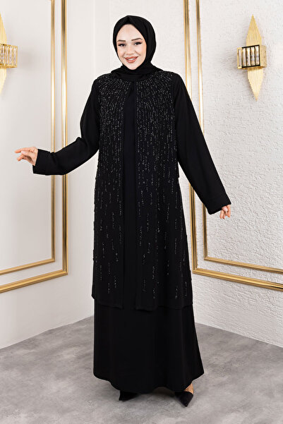 Tesettür Dünyası Taş Detaylı Uzun Tesettür Elbise TSD250130 Siyah