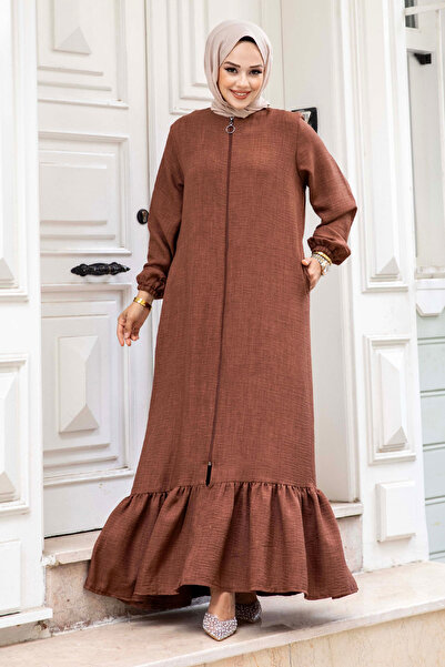 Tesettür Dünyası Brown Hijab Ferace with Flounce Skirt and Zipper - TSD240517