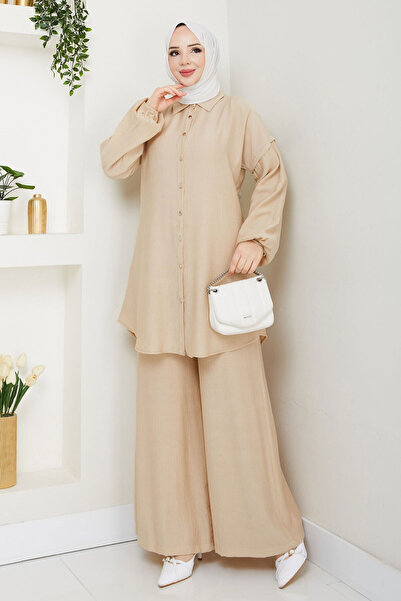 Tesettür Dünyası Διπλό Σετ με Ελαστικό Κουμπί Αστραγάλου TSD250165 Μπεζ