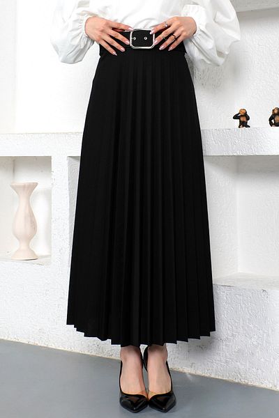 Tesettür Dünyası Belted Pleated Skirt Tsd230113 Black