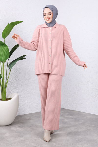 Tesettür Dünyası Front Buttoned Knitwear Set Tsd 240936   Powder