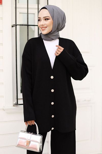 Tesettür Dünyası Stone Detailed Black Knitwear Cardigan Set - Tsd 240932
