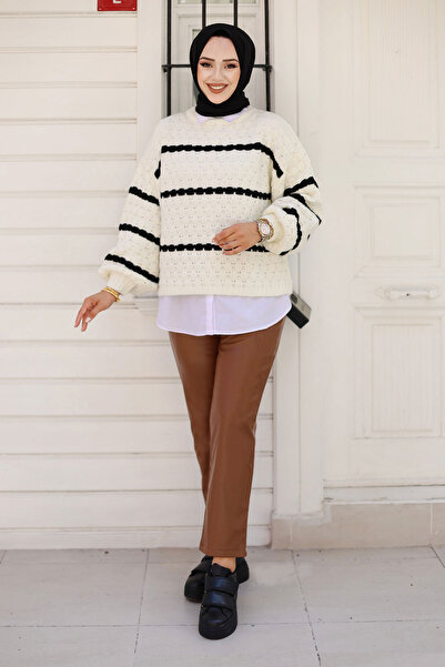 Tesettür Dünyası Yanı Dikiş Detaylı Deri Pantolon TSD240814 Kahverengi