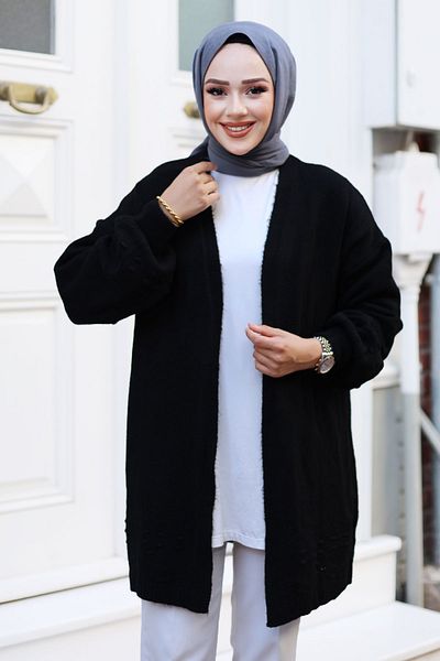 Tesettür Dünyası سترة تريكو بأكمام بالون أسود - TSD بدون أزرار 240803