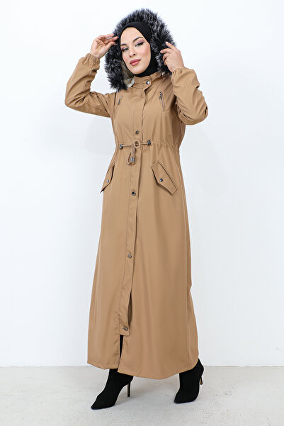 Tesettür Dünyası Camel TSD1936 - Παλτό με κορδόνι στη μέση και καπάκι
