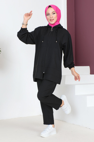 Tesettür Dünyası Kapucnis dupla öltöny TSD230703 Fekete