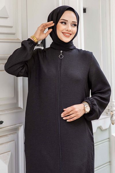 Tesettür Dünyası Μαύρο Hijab Ferace με Flounce φούστα και λεπτομέρεια με φερμουάρ - TSD240517