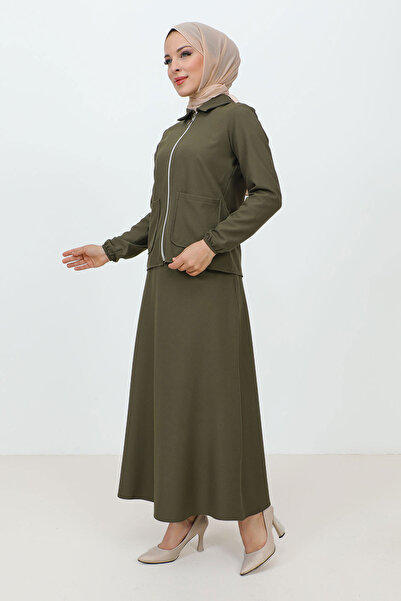 Tesettür Dünyası Zippered Pocket Skirt Crepe Suit TSD231205 Khaki