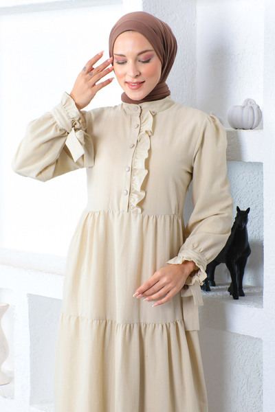 Tesettür Dünyası Hijab Long Hijab Dress with Tie on the Sleeve Tsd221207 Beige