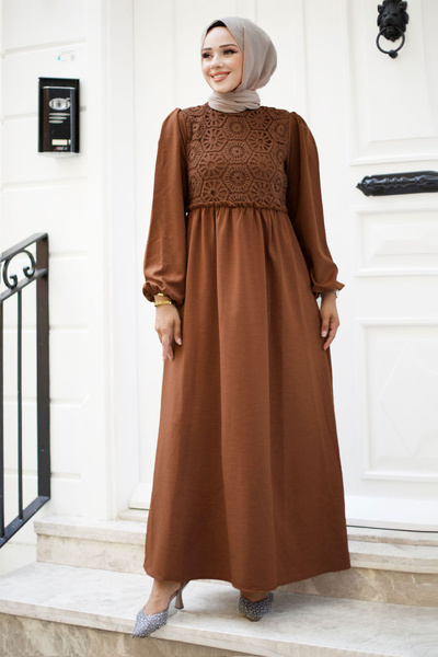 Tesettür Dünyası Μακρύ μαντίλι φόρεμα με δαντέλα στο μπροστινό μέρος TSD240519 Καφέ