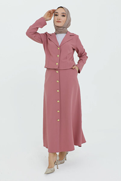 Tesettür Dünyası Szoknya gomb részletes kabát öltöny TSD231217 púder