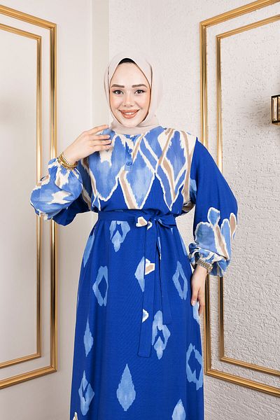 Tesettür Dünyası Μπλε γαρνιρισμένο φόρεμα Hijab
