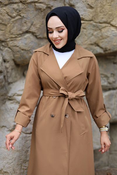 Tesettür Dünyası Tan Trench Coat - Πτυσσόμενο μανίκι Λεπτομέρεια, TSD 240921