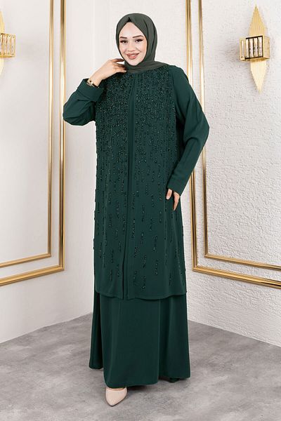 Tesettür Dünyası Φόρεμα με λεπτομέρεια από πέτρα TSD250130 Emerald Green