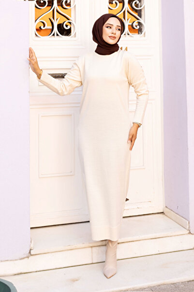 Tesettür Dünyası Bisiklet Yaka Triko Uzun Elbise TSD240720 Bej