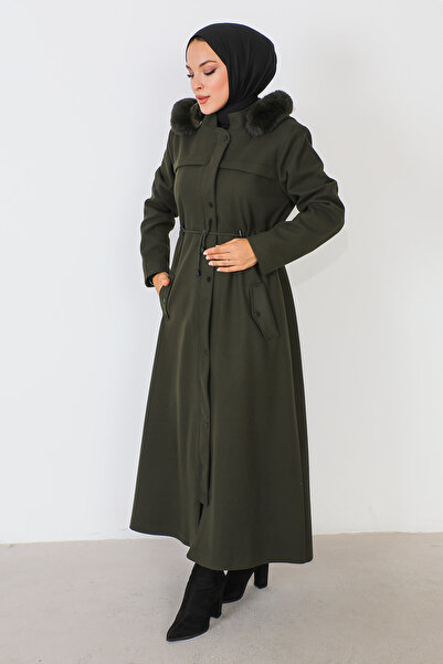 Tesettür Dünyası Full Length Hidden Zipper Cashmere Coat TSD230911 Khaki