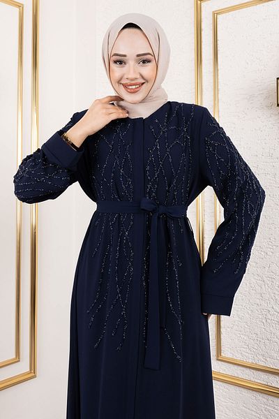 Tesettür Dünyası Navy Blue Stone Λεπτομερής κρυφό φερμουάρ Abaya - TSD250112