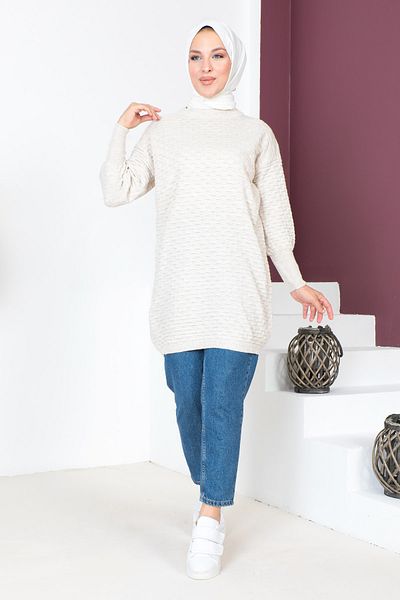 Tesettür Dünyası Embossed Patterned Knitwear Tunic TSD230713 Beige