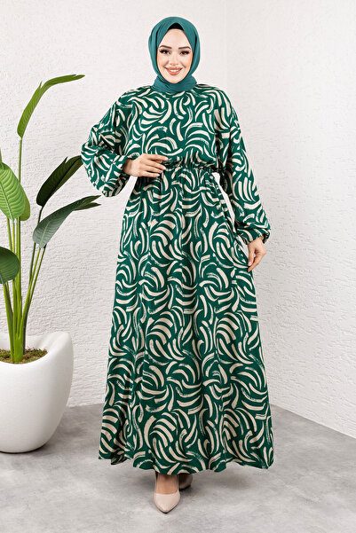 Tesettür Dünyası Μακρύ μονόχρωμο φόρεμα από βισκόζη με σχέδια και ελαστική μέση TSD250102 Πράσινο