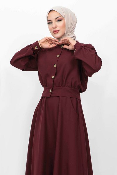 Tesettür Dünyası Buttoned Skirt Pocketed Double Suit TSD231113 Plum