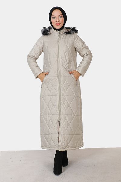 Tesettür Dünyası Quilted Coat with Zipper Pocket TSD230914 Ecru