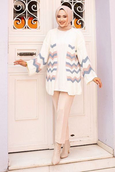 Tesettür Dünyası Cardigan albastru din tricotaj cu mâneci joase cu model în zigzag - TSD240702