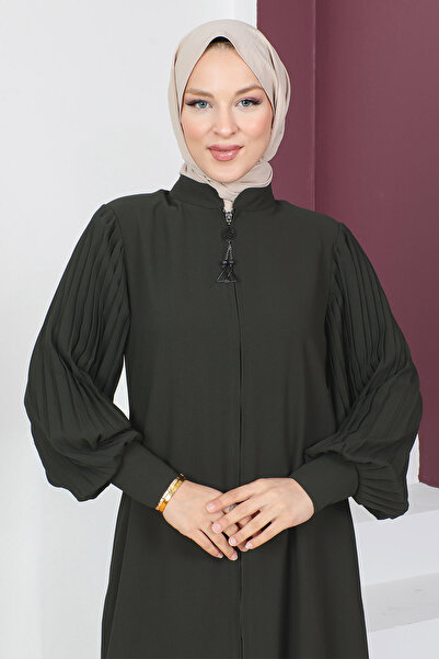Tesettür Dünyası Detailní záhyb rukávů Abaya TSD230533 Khaki