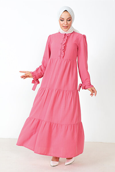 Tesettür Dünyası Μακρύ μοντέρνο φόρεμα με λουράκια TSD221207 Ροζ