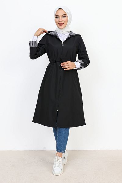 Tesettür Dünyası Lined Lined Hooded Trench Coat TSD231110 Black